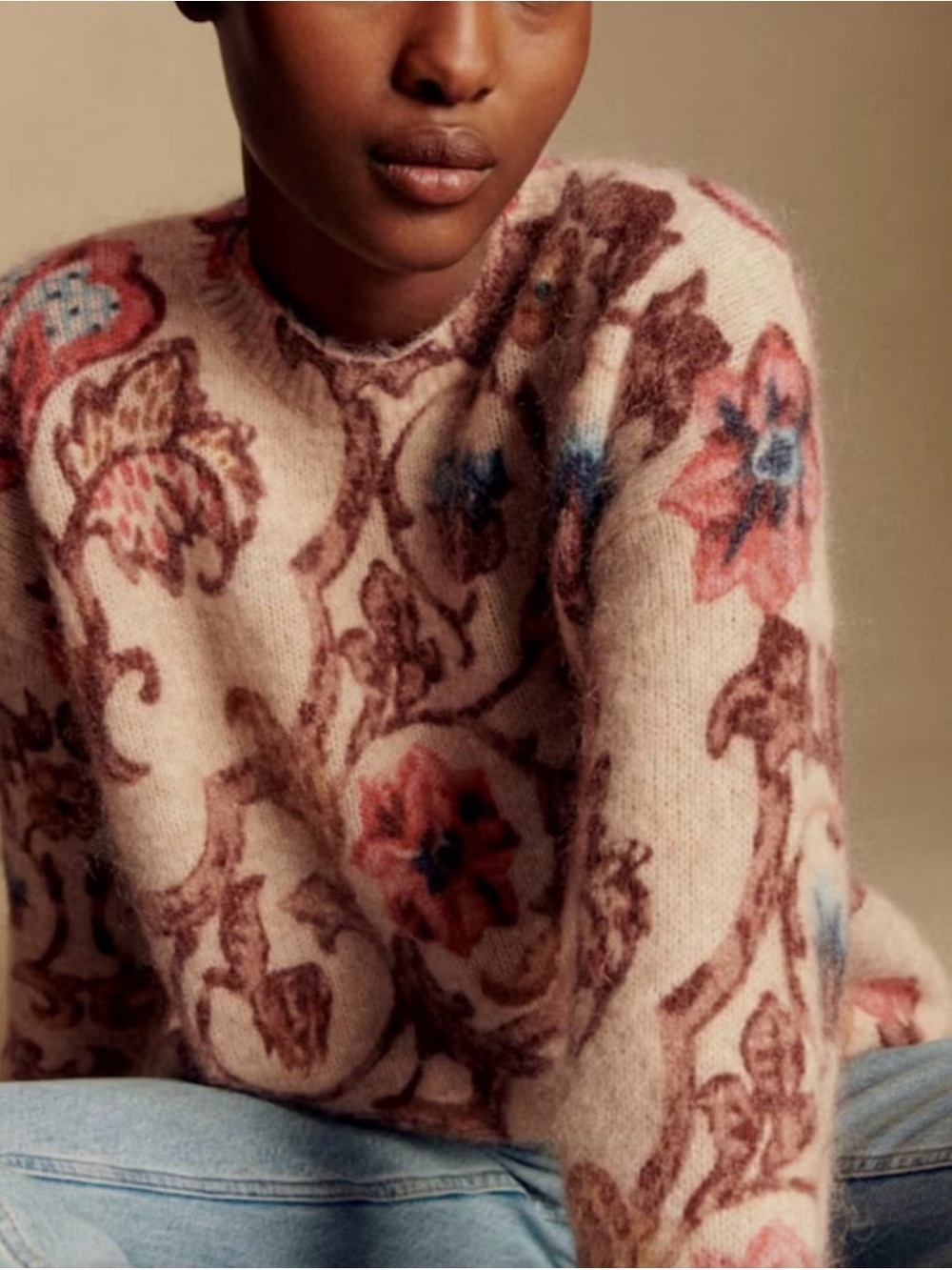 Floral Mohair-Blend Crewneck Sweater in Blush Pink